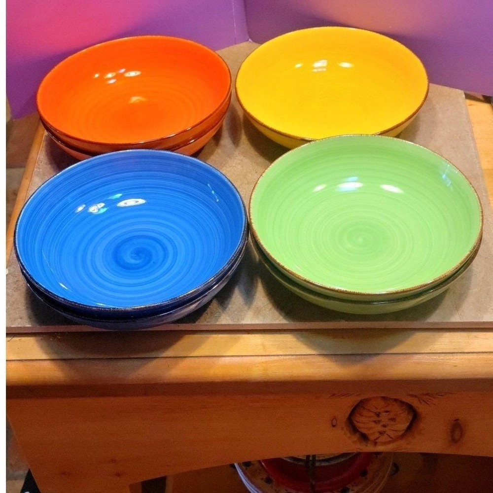 Set of 4 Vibrant Multicolor Stoneware Pasta Bowls 8.5" Blue, Yellow Green Orange